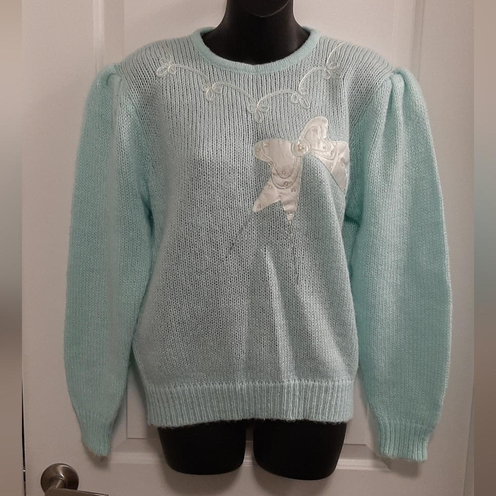 Vintage 80s Sweater Aqua Pastel Contempo Romantic Puff Shoulder Women's Medium
